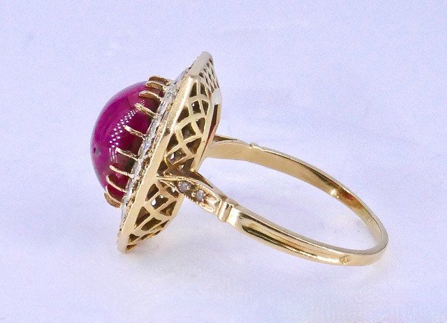Octagonal Ring 2 Gold Diamonds Ruby Cabochon-photo-3