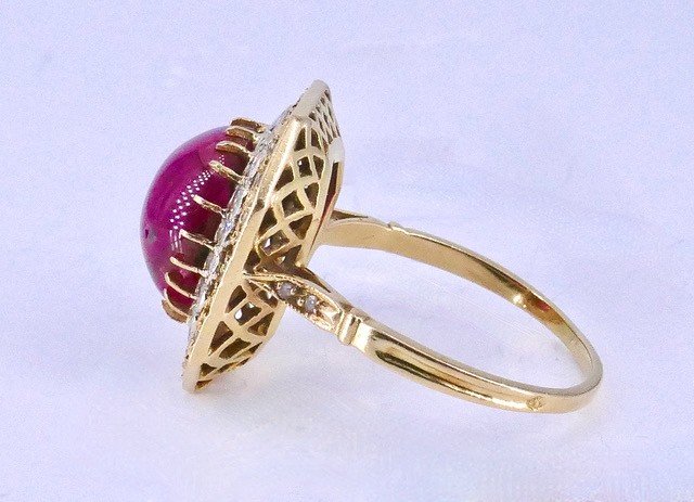 Bague Octogonale 2 Ors Diamants Rubis Cabochon -photo-3