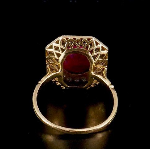 Octagonal Ring 2 Gold Diamonds Ruby Cabochon-photo-4