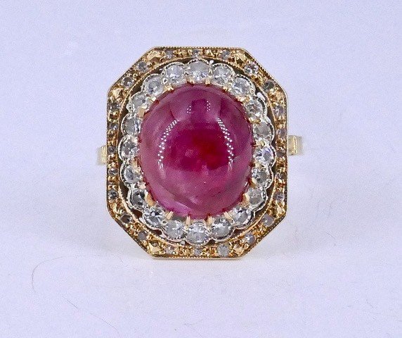 Octagonal Ring 2 Gold Diamonds Ruby Cabochon
