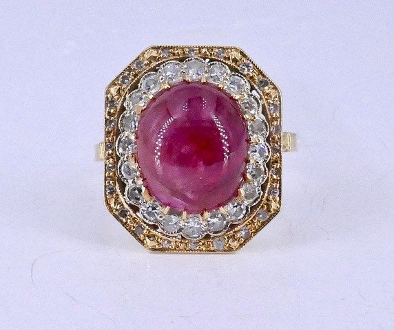 Bague Octogonale 2 Ors Diamants Rubis Cabochon 