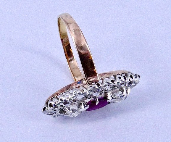 Bague Marquise Or Platine Diamants Rubis Fin XIX ème Siècle -photo-4