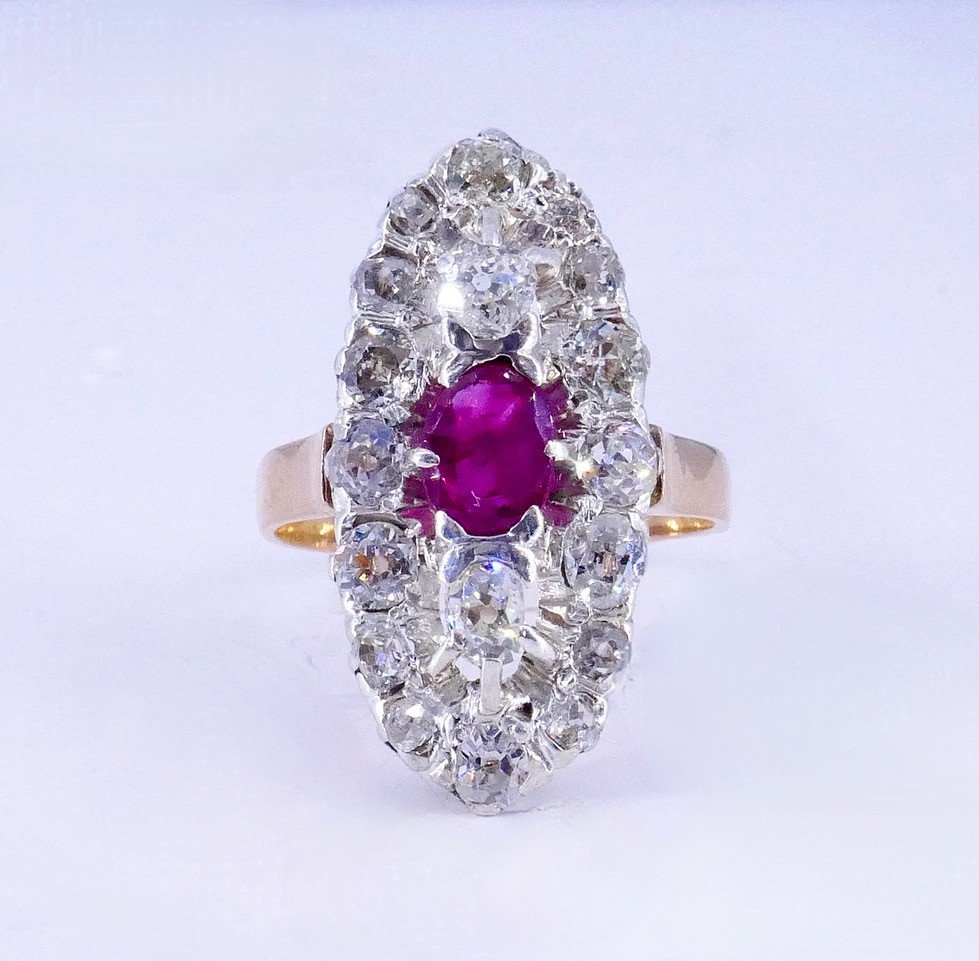 Bague Marquise Or Platine Diamants Rubis Fin XIX ème Siècle -photo-2