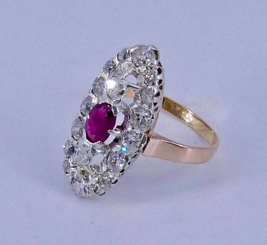 Bague Marquise Or Platine Diamants Rubis Fin XIX ème Siècle -photo-3