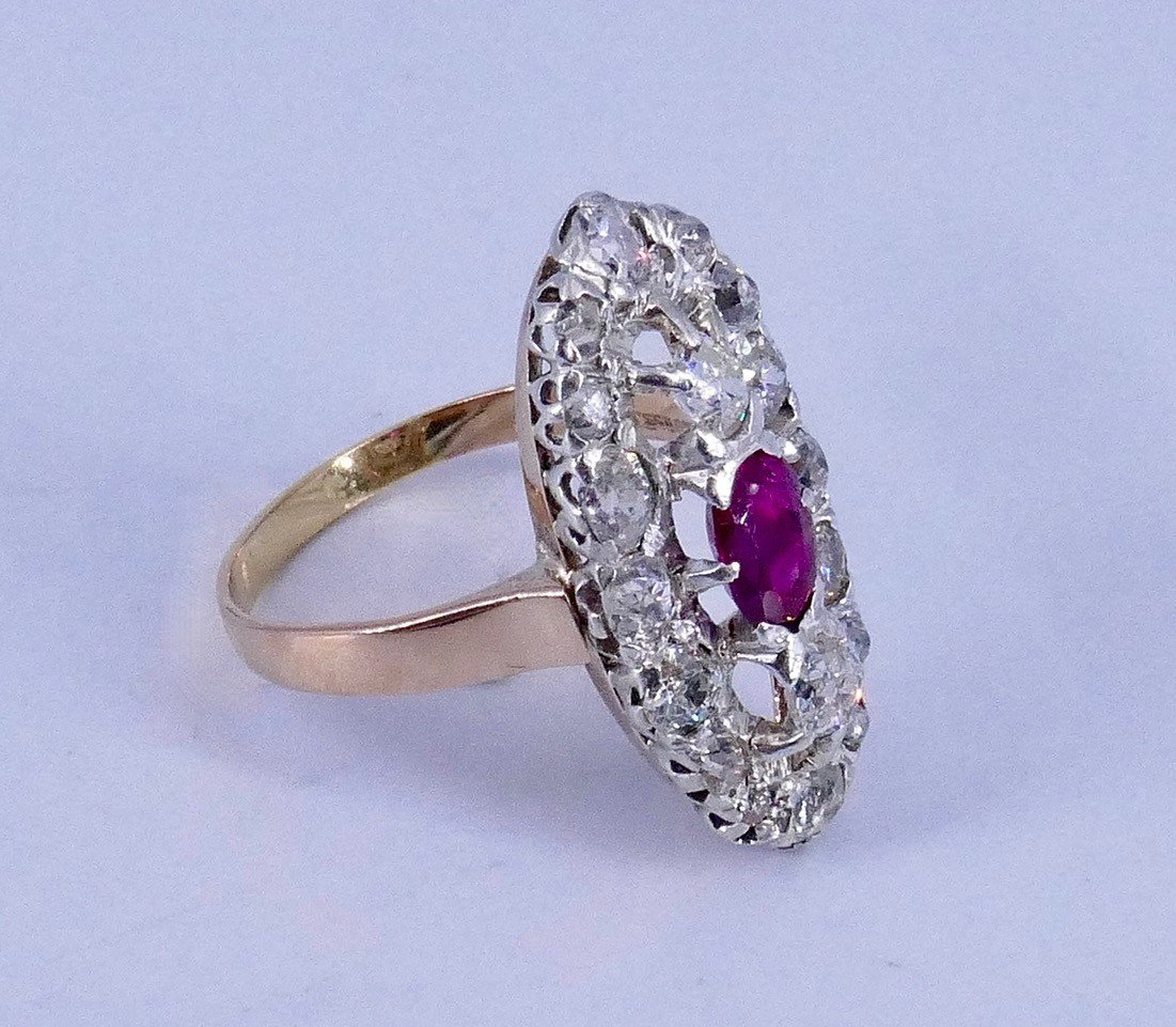 Bague Marquise Or Platine Diamants Rubis Fin XIX ème Siècle -photo-4