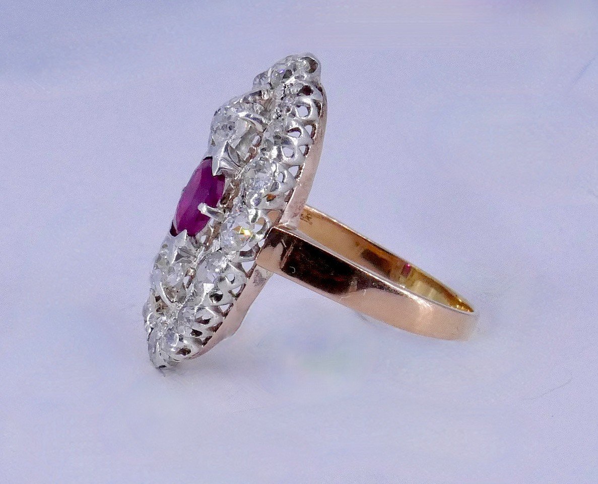 Bague Marquise Or Platine Diamants Rubis Fin XIX ème Siècle -photo-5