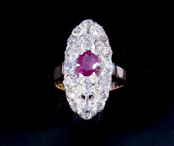 Bague Marquise Or Platine Diamants Rubis Fin XIX ème Siècle 