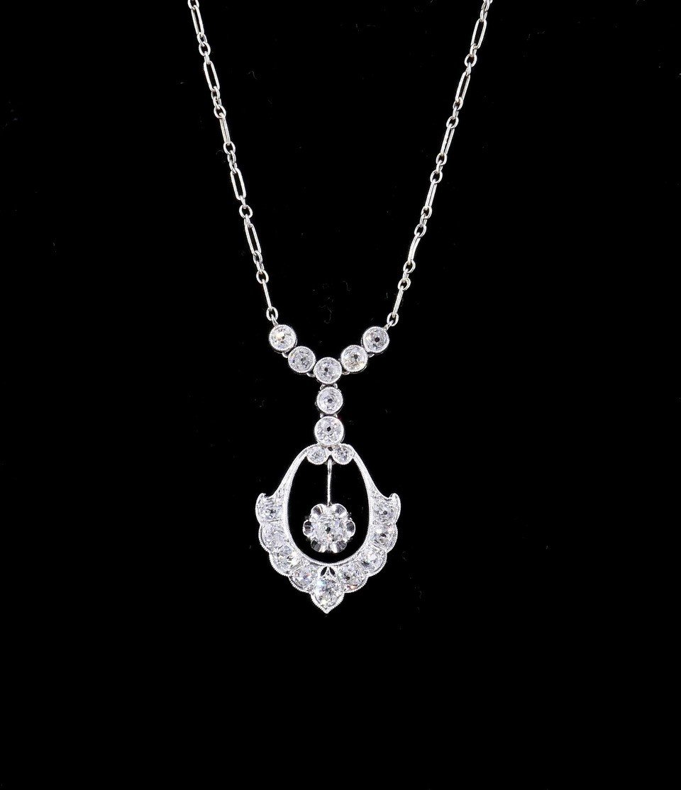 1930s Gold Platinum Diamond Pendant Necklace -photo-3