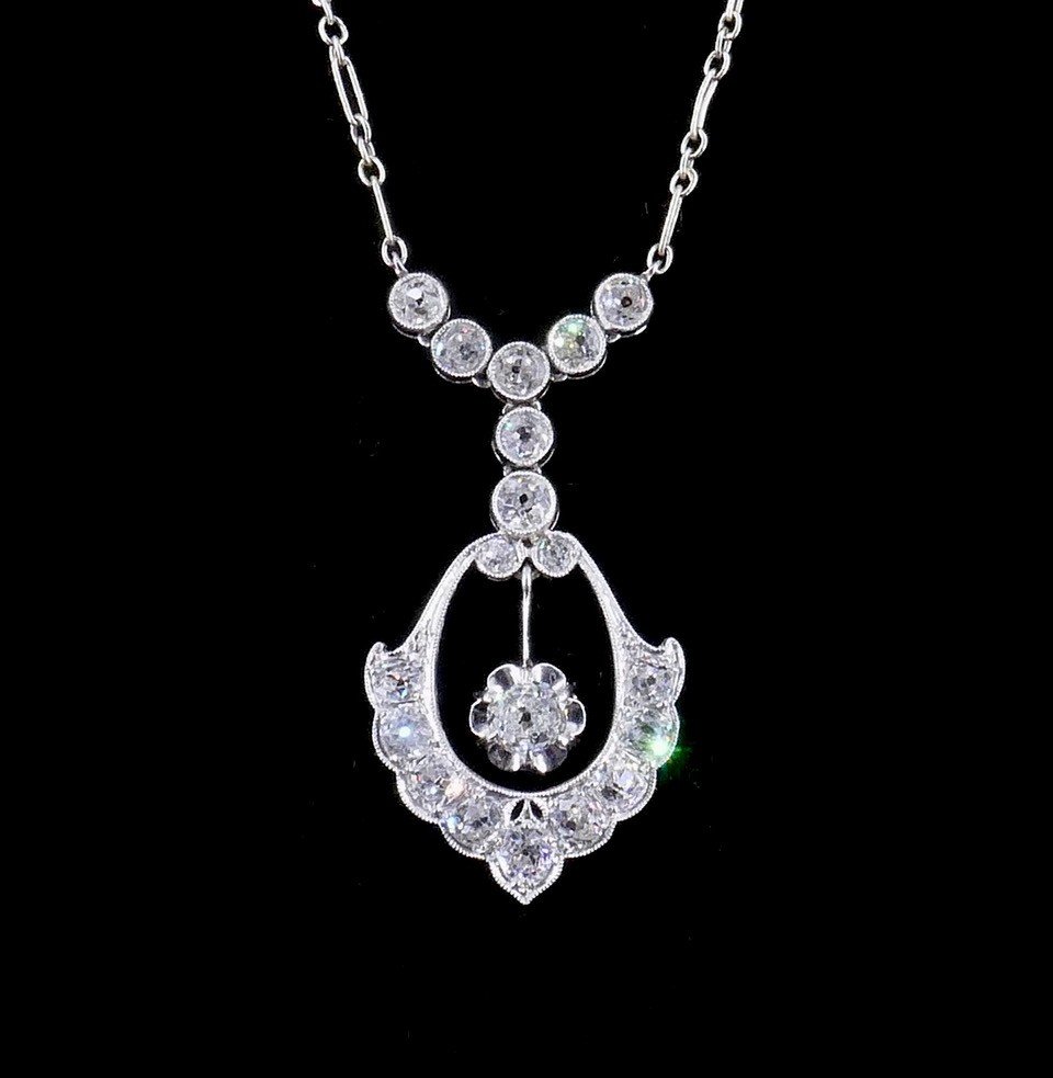 1930s Gold Platinum Diamond Pendant Necklace -photo-4