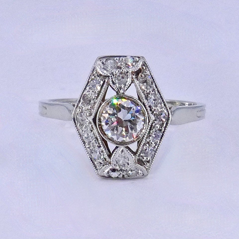 Hexagonal Art Deco Ring Platinum Gold Diamonds -photo-1