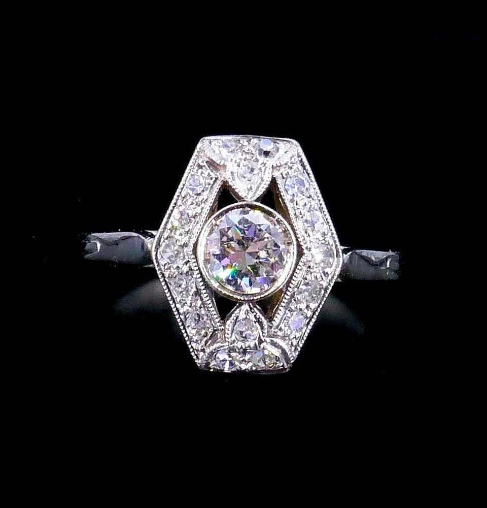 Hexagonal Art Deco Ring Platinum Gold Diamonds 