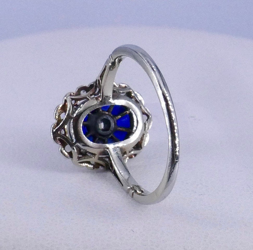 Bague Ovale Années 30 Diamants Saphirs Calibrés Verneuil-photo-2