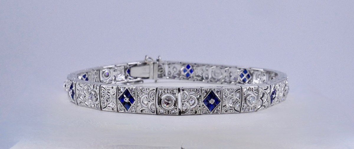 Bracelet Art Déco Platine Diamants Et Saphirs Verneuil -photo-3