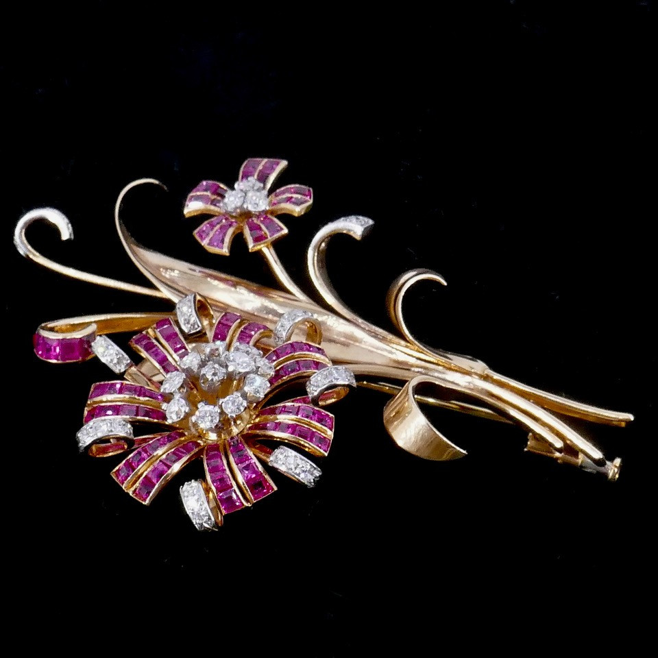 50s Gold Platinum Diamond Ruby Flower Bouquet Brooch-photo-4