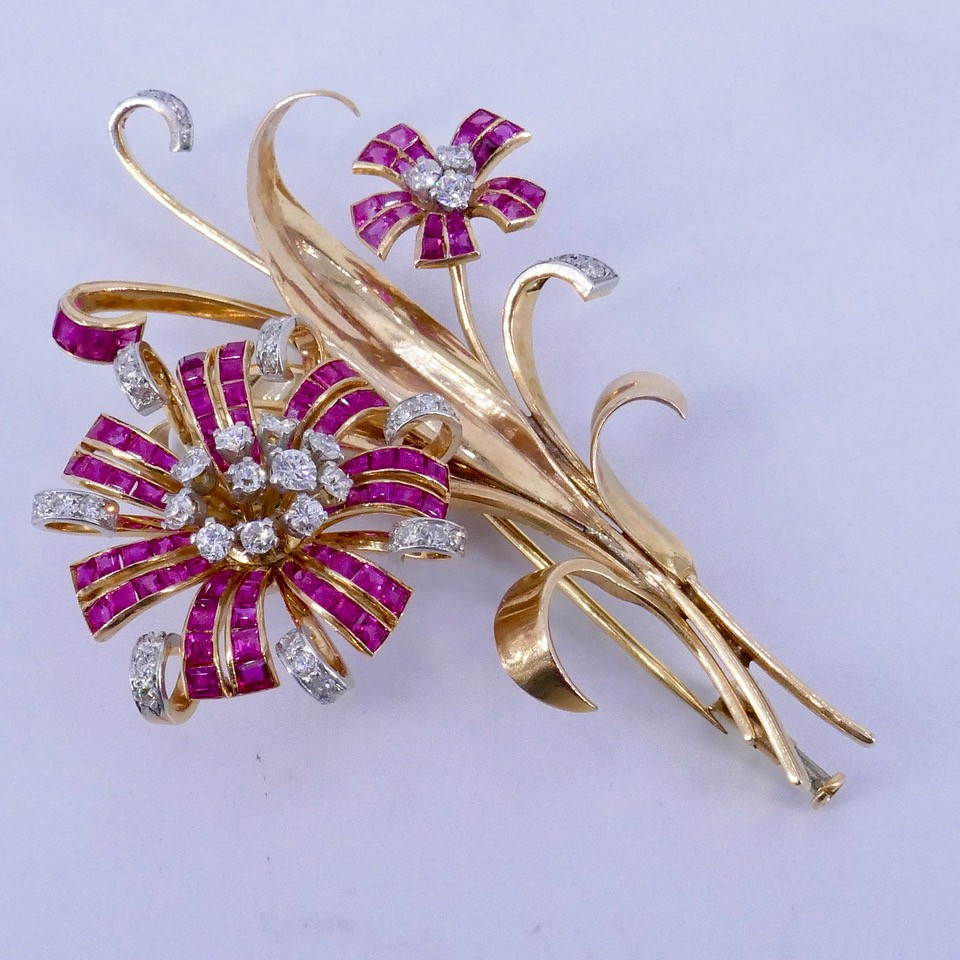 50s Gold Platinum Diamond Ruby Flower Bouquet Brooch-photo-2