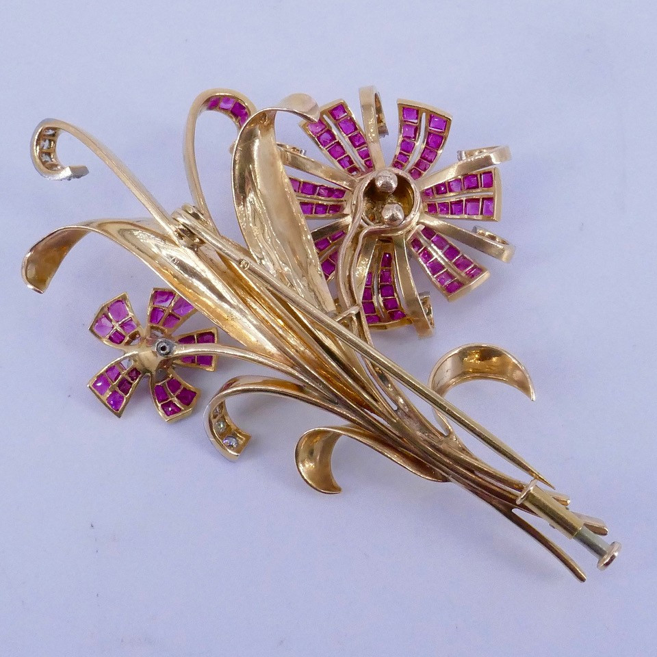 50s Gold Platinum Diamond Ruby Flower Bouquet Brooch-photo-4