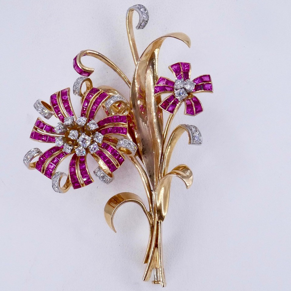 50s Gold Platinum Diamond Ruby Flower Bouquet Brooch-photo-5
