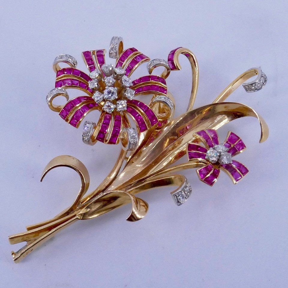 50s Gold Platinum Diamond Ruby Flower Bouquet Brooch-photo-6