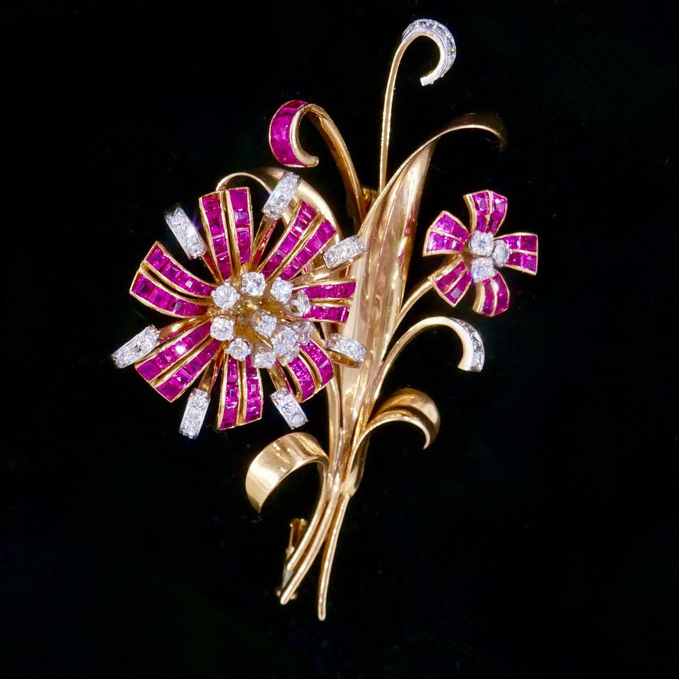 50s Gold Platinum Diamond Ruby Flower Bouquet Brooch