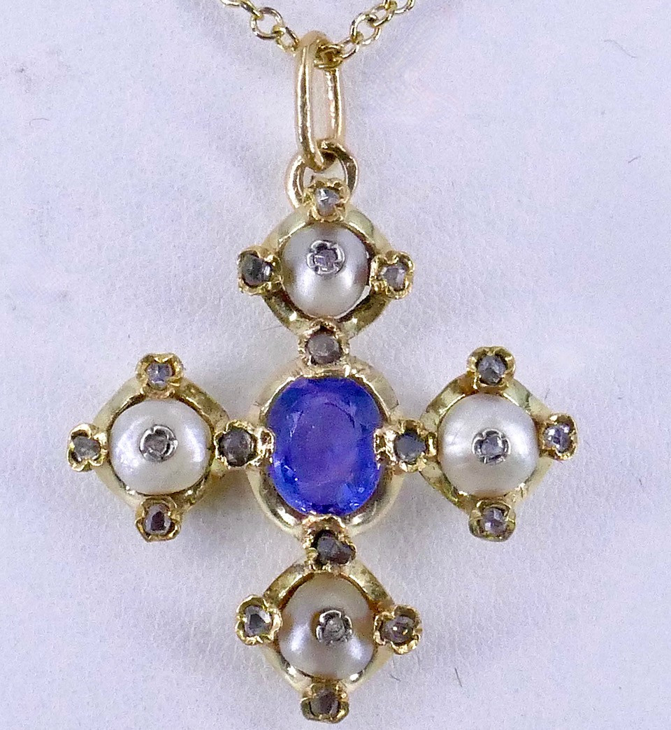 Croix de forme grecque XIX ème perles fines saphir   -photo-1