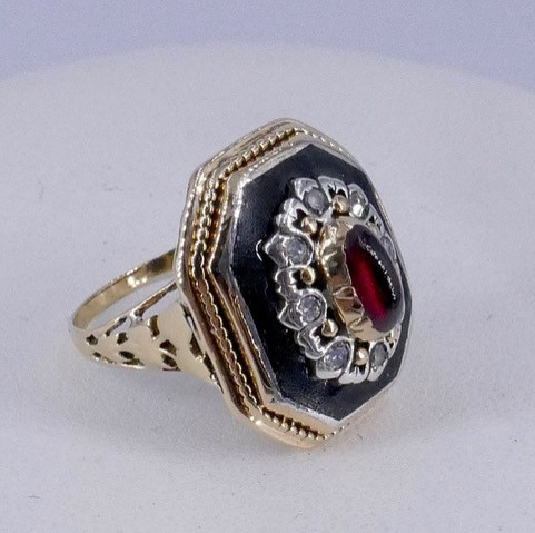 Bague or émail diamants grenat-photo-2