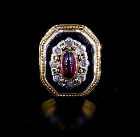 Bague or émail diamants grenat-photo-3