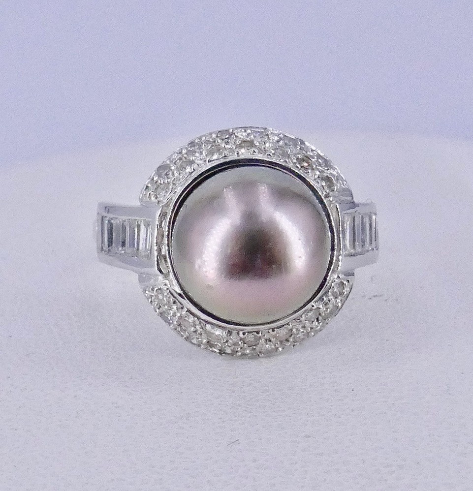 Bague or blanc perle noire diamants baguettes-photo-4