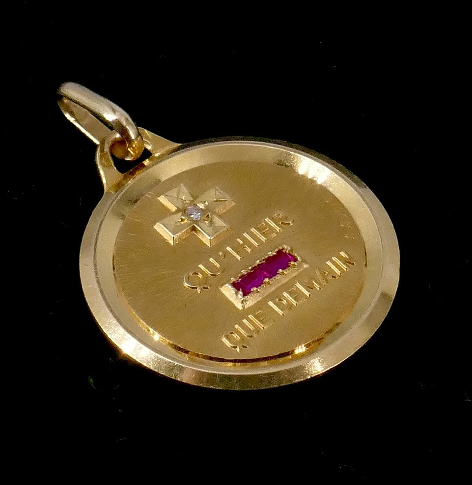 Augis, médaille d'amour "+ hier- que demain" or jaune rubis synthétiques-photo-2