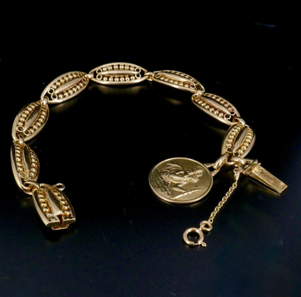 Bracelet maille olive fin XIX ème, médaille Saint Christophe -photo-2