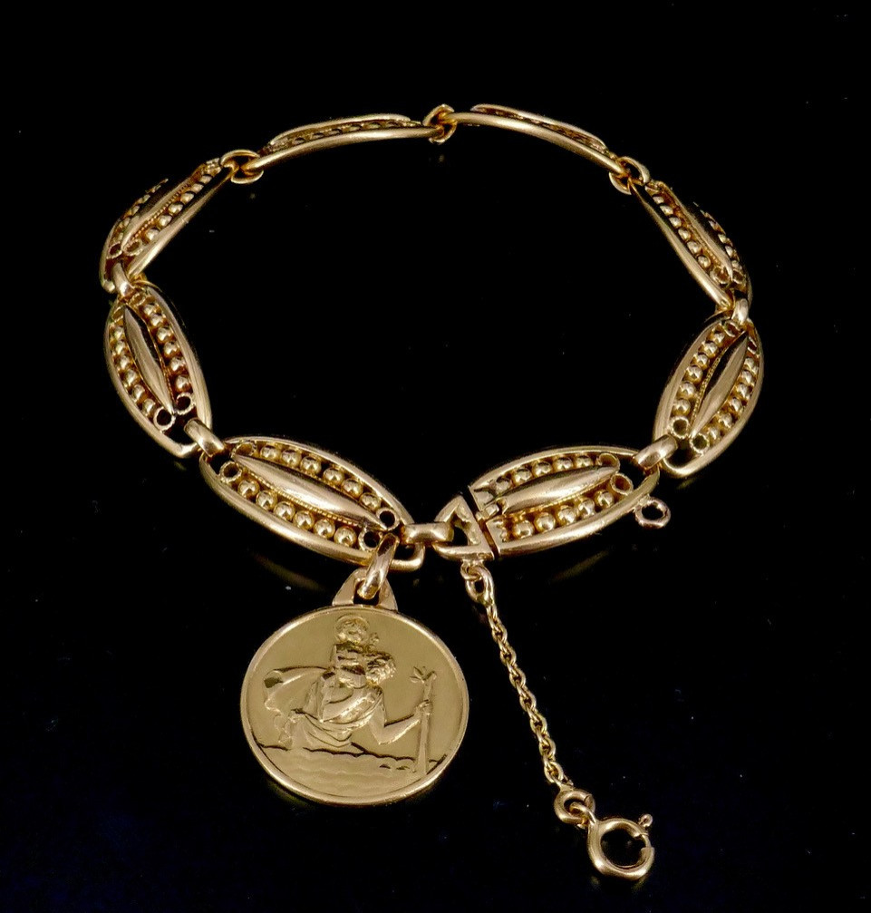 Bracelet maille olive fin XIX ème, médaille Saint Christophe -photo-3