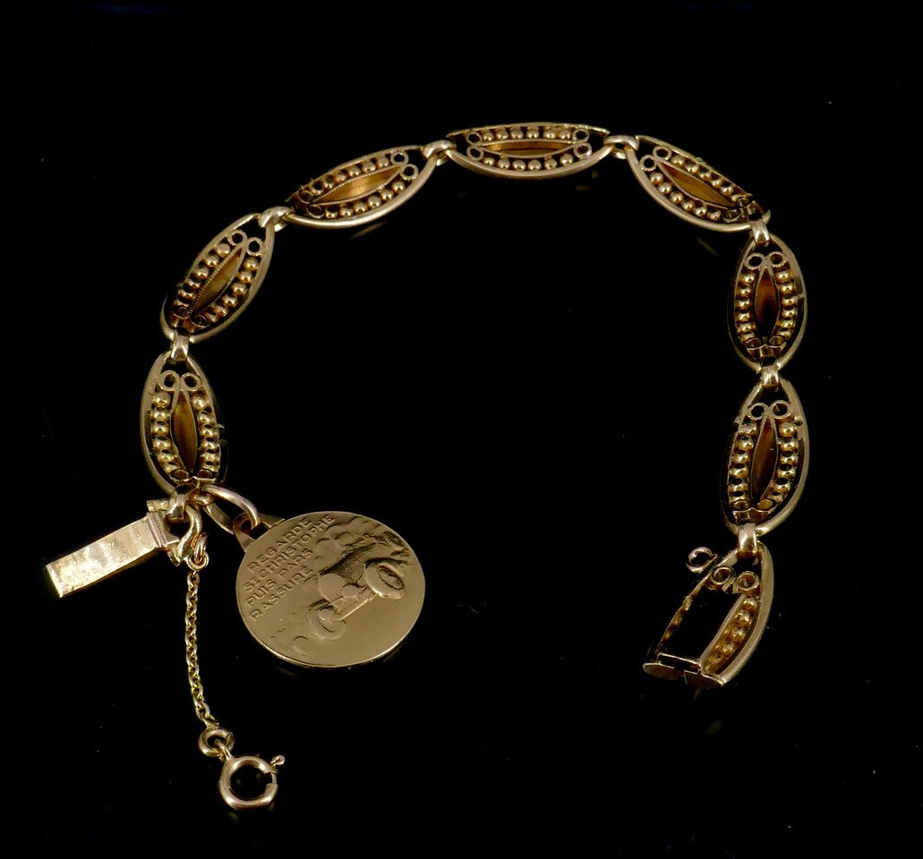 Bracelet maille olive fin XIX ème, médaille Saint Christophe -photo-4