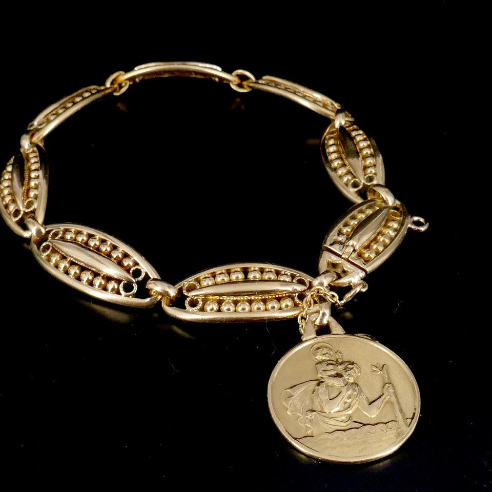 Bracelet maille olive fin XIX ème, médaille Saint Christophe 