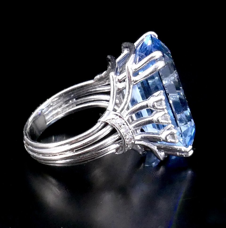 Bague cocktail or et platine Aigue-marine "Santa-Maria" 14ct, diamants-photo-2