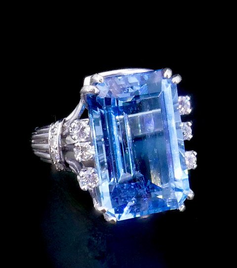 Bague cocktail or et platine Aigue-marine "Santa-Maria" 14ct, diamants-photo-4