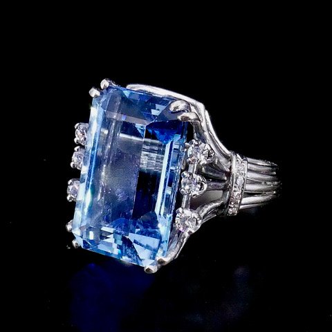Bague cocktail or et platine Aigue-marine "Santa-Maria" 14ct, diamants
