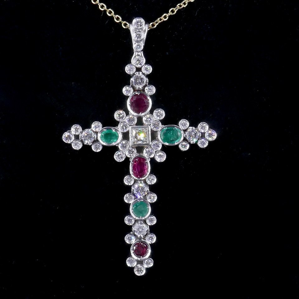 White Gold Cross With Diamonds, Rubies, And Emeralds -photo-2