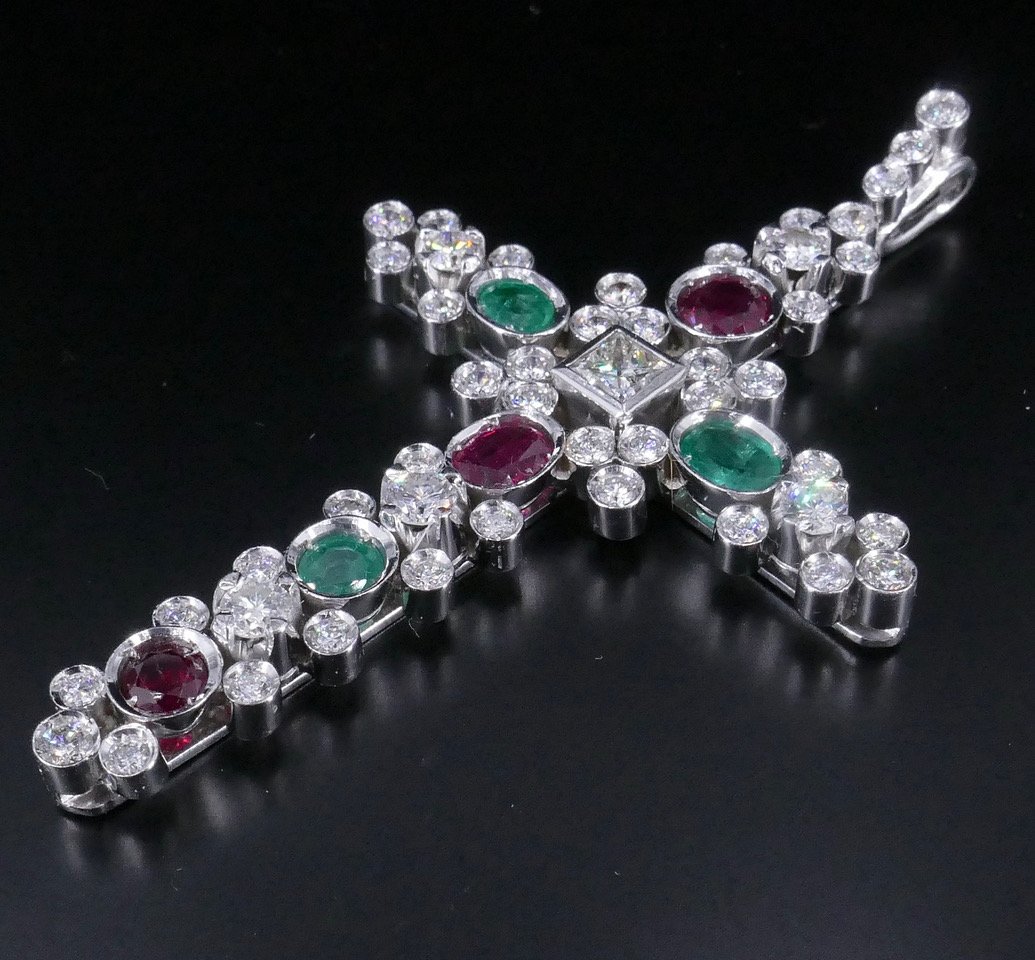White Gold Cross With Diamonds, Rubies, And Emeralds -photo-3
