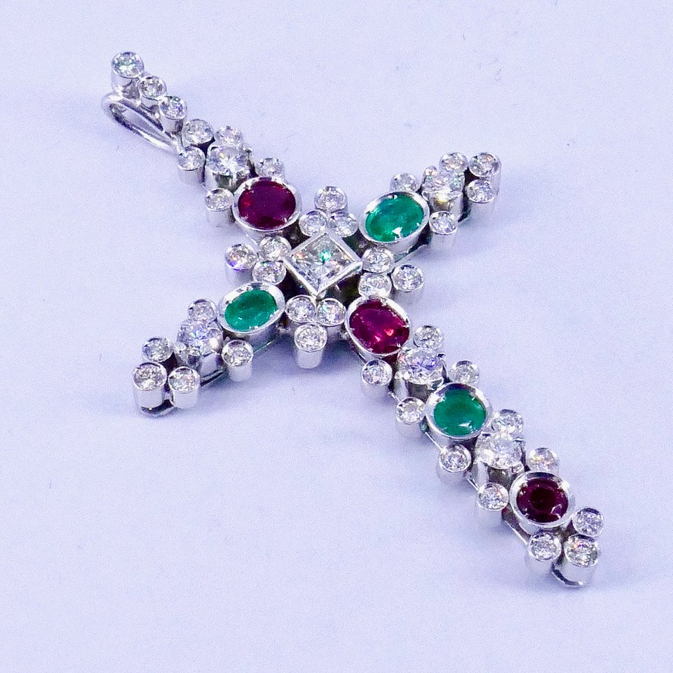 White Gold Cross With Diamonds, Rubies, And Emeralds -photo-1