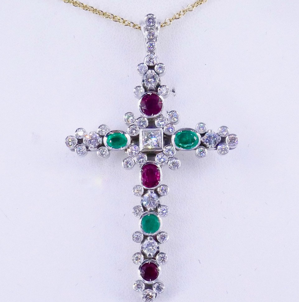 White Gold Cross With Diamonds, Rubies, And Emeralds -photo-2