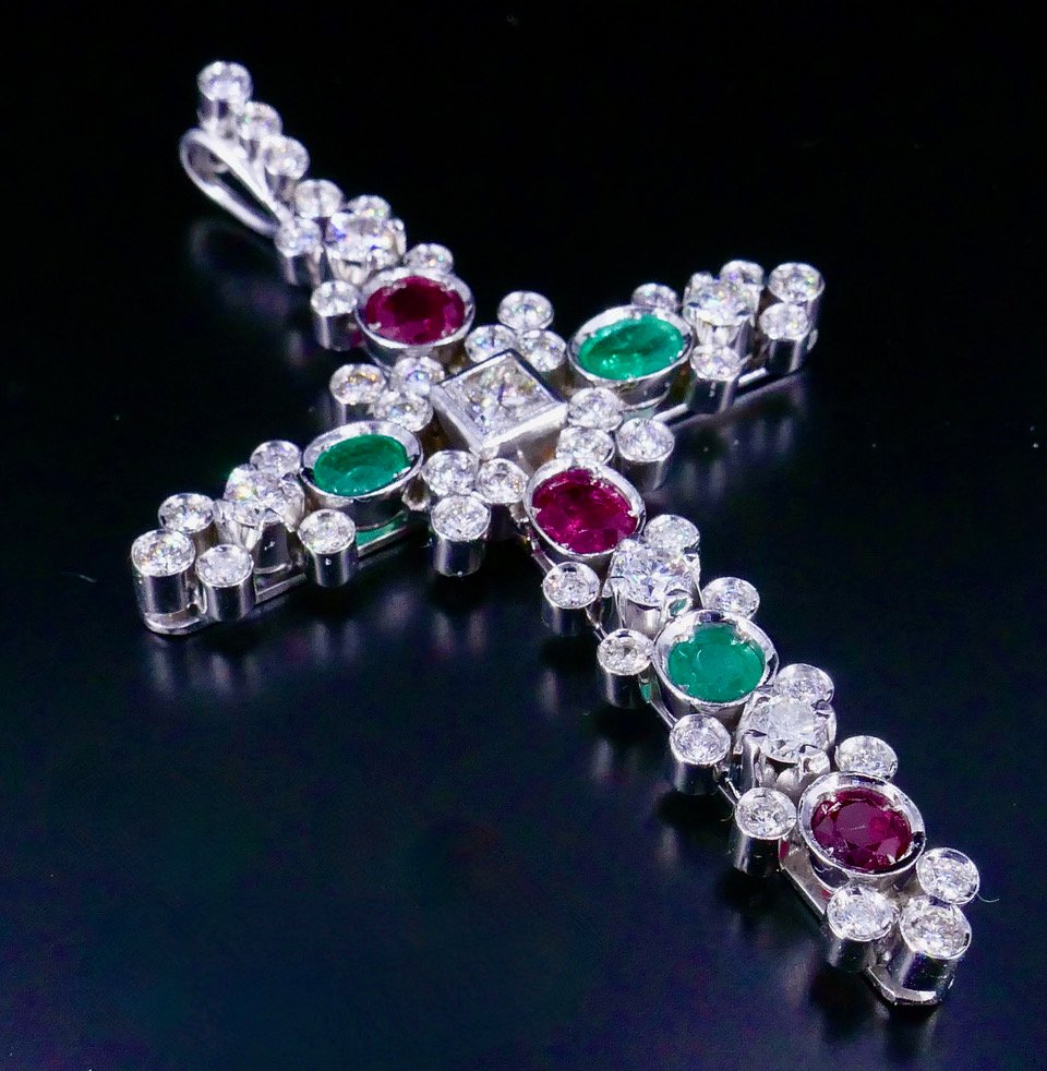 White Gold Cross With Diamonds, Rubies, And Emeralds 