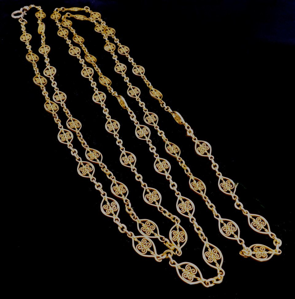19th-century Yellow Gold Long Necklace With Filigree Links-photo-2
