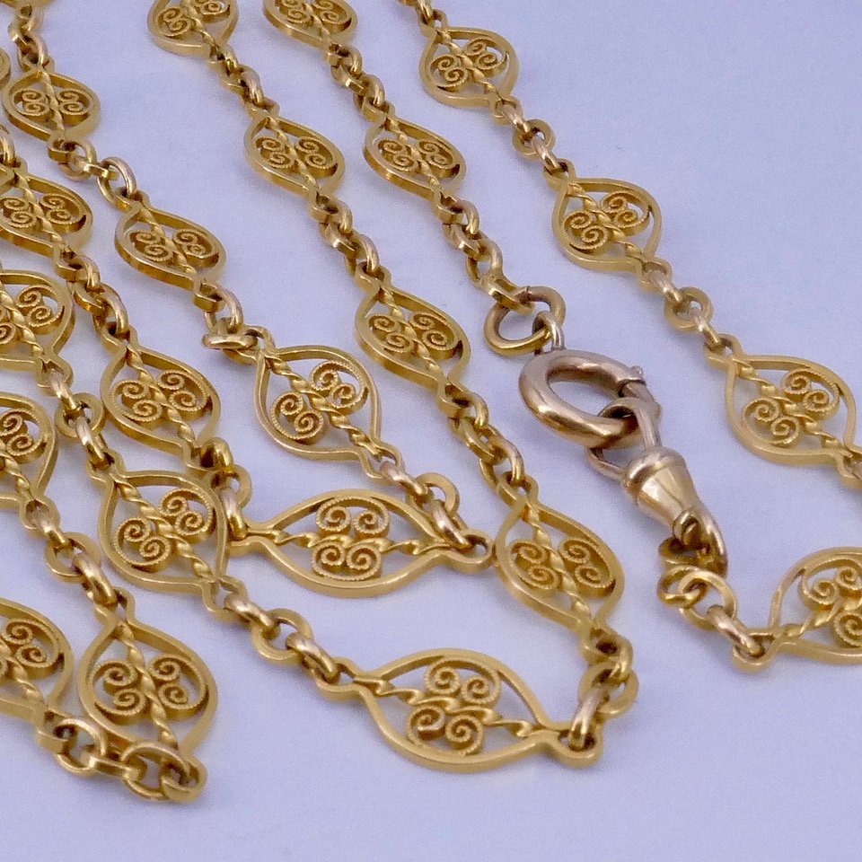 19th-century Yellow Gold Long Necklace With Filigree Links-photo-3