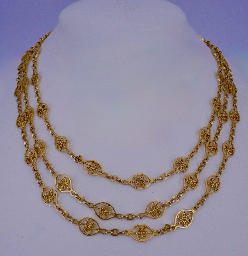 19th-century Yellow Gold Long Necklace With Filigree Links-photo-4