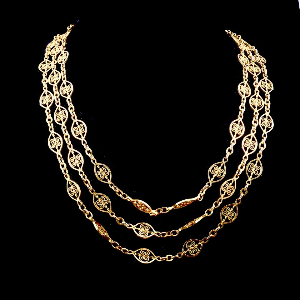19th-century Yellow Gold Long Necklace With Filigree Links-photo-1