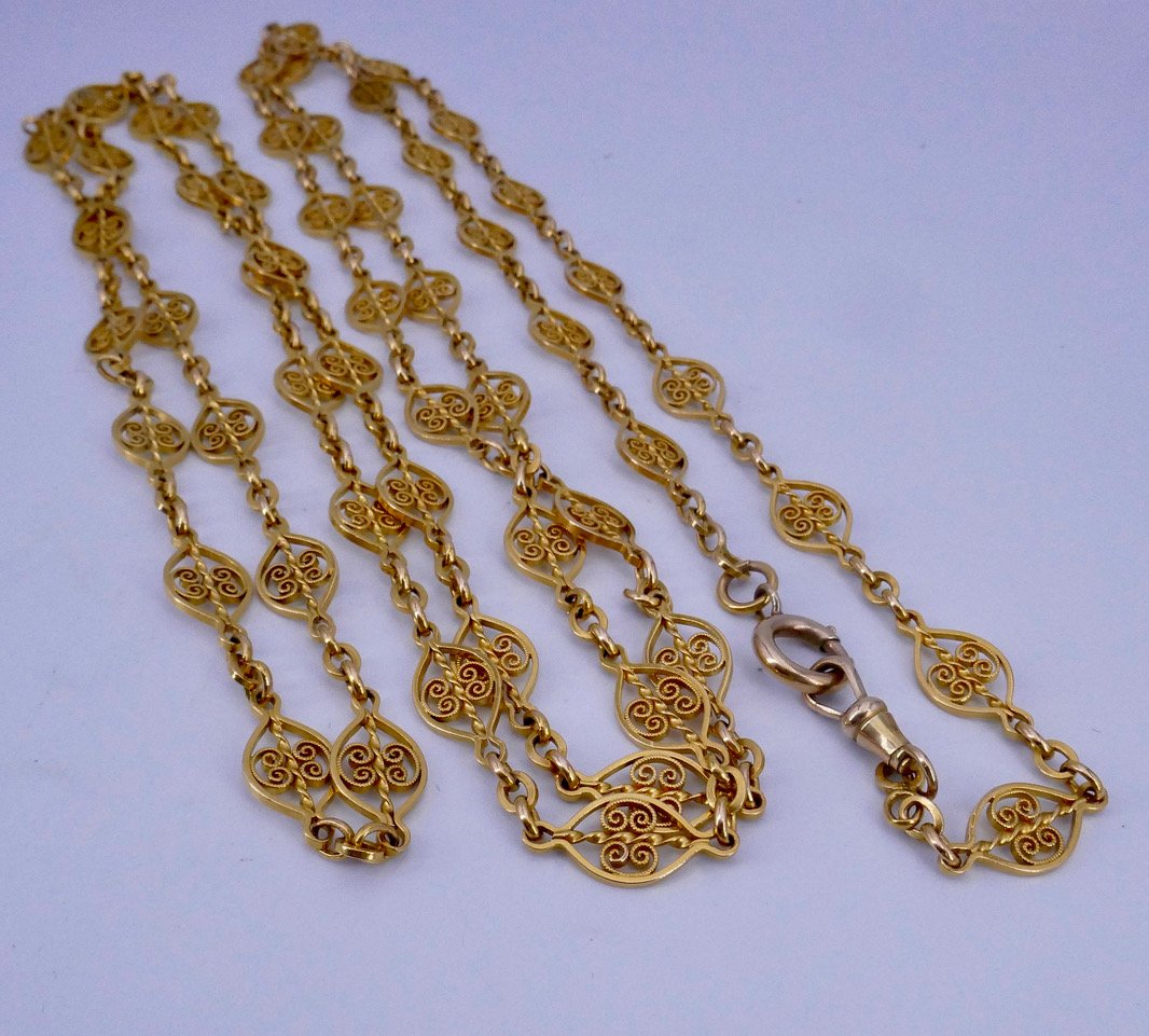 19th-century Yellow Gold Long Necklace With Filigree Links-photo-2