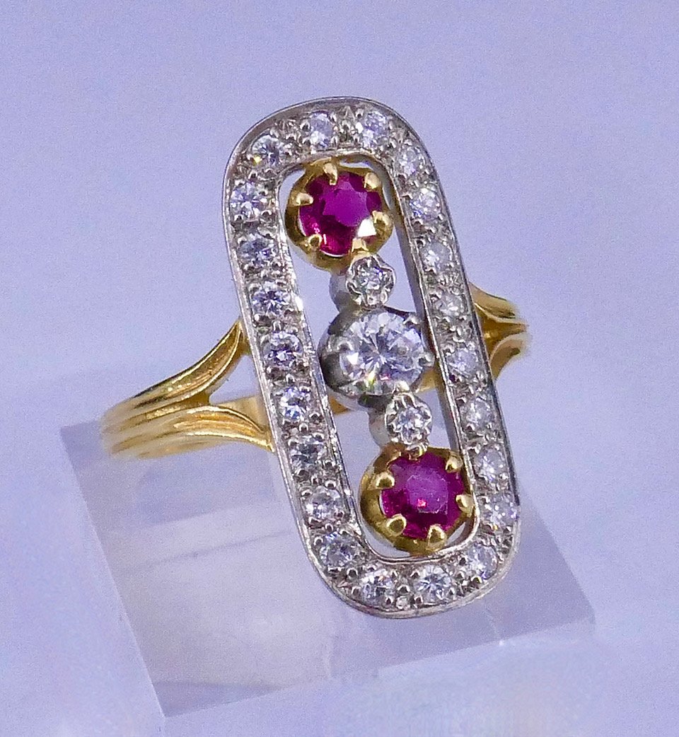 Bague or platine diamants et rubis 1910/1920-photo-3