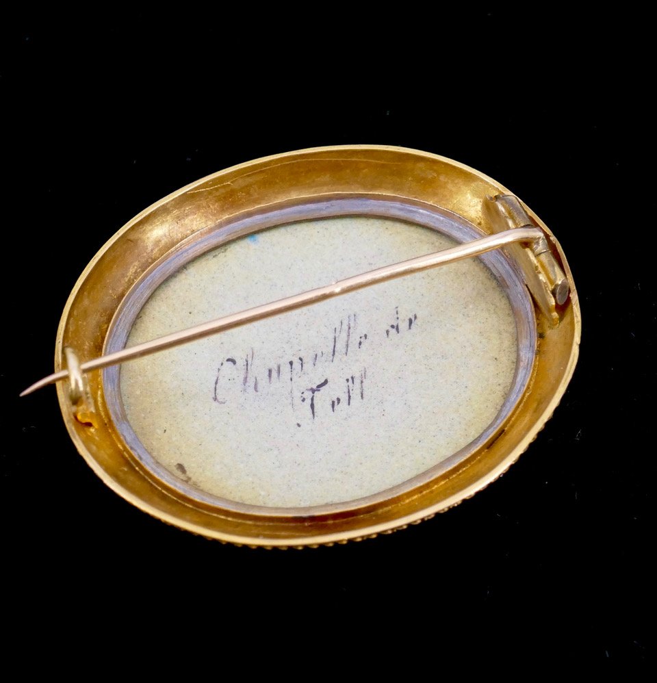 Broche or XIX ème suisse émail Chapelle de Tell-photo-4