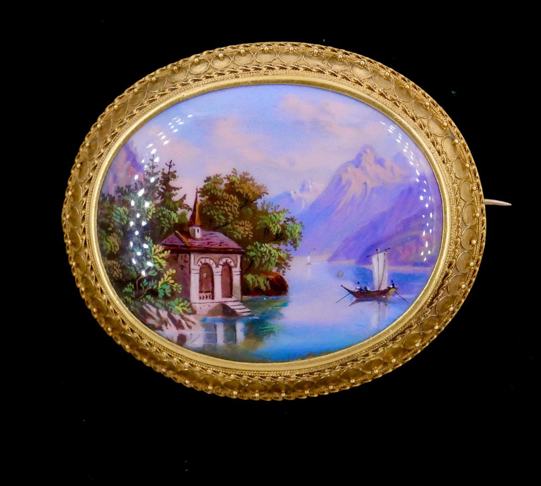 Broche or XIX ème suisse émail Chapelle de Tell