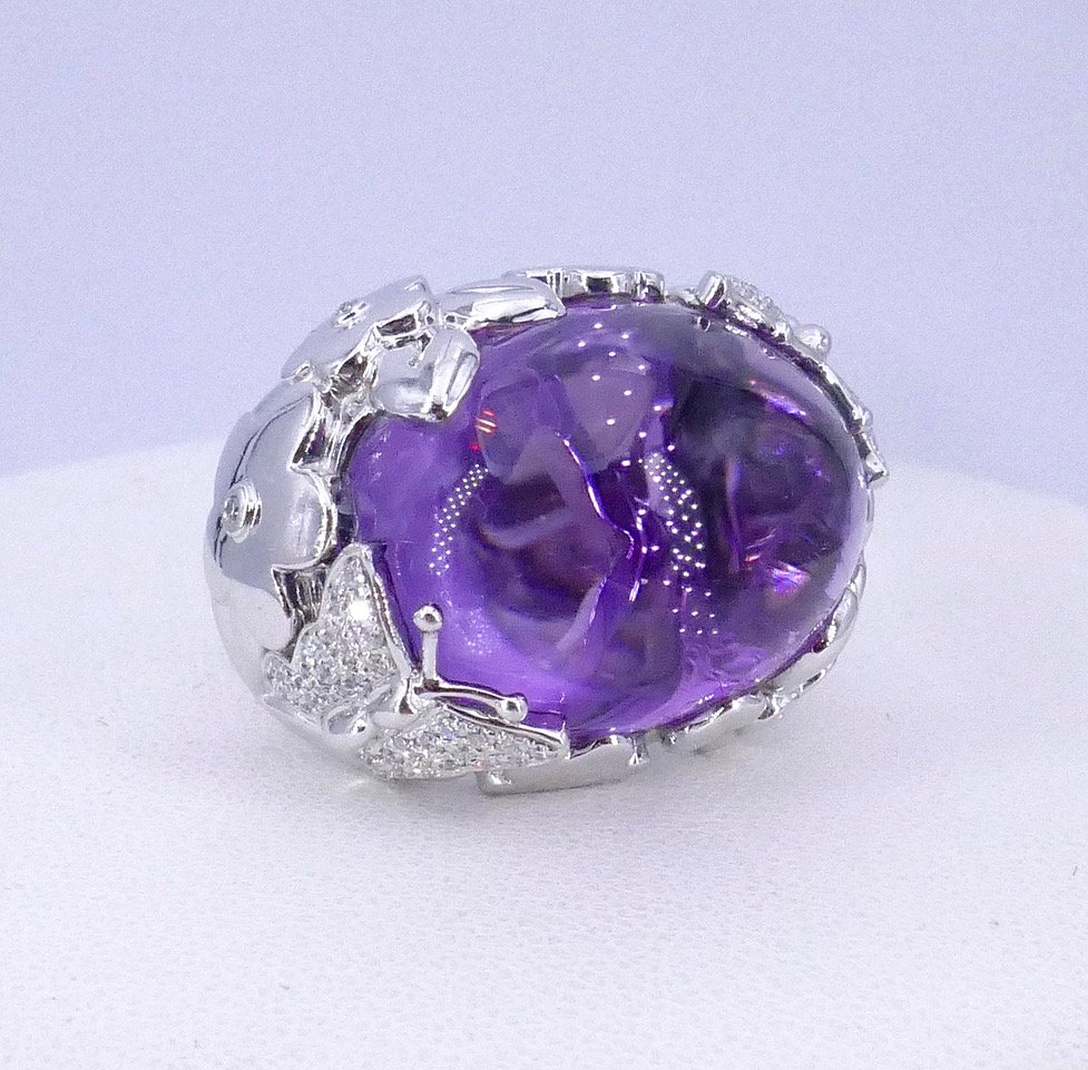 Bague cocktail amethyste cabochon or blanc -photo-2