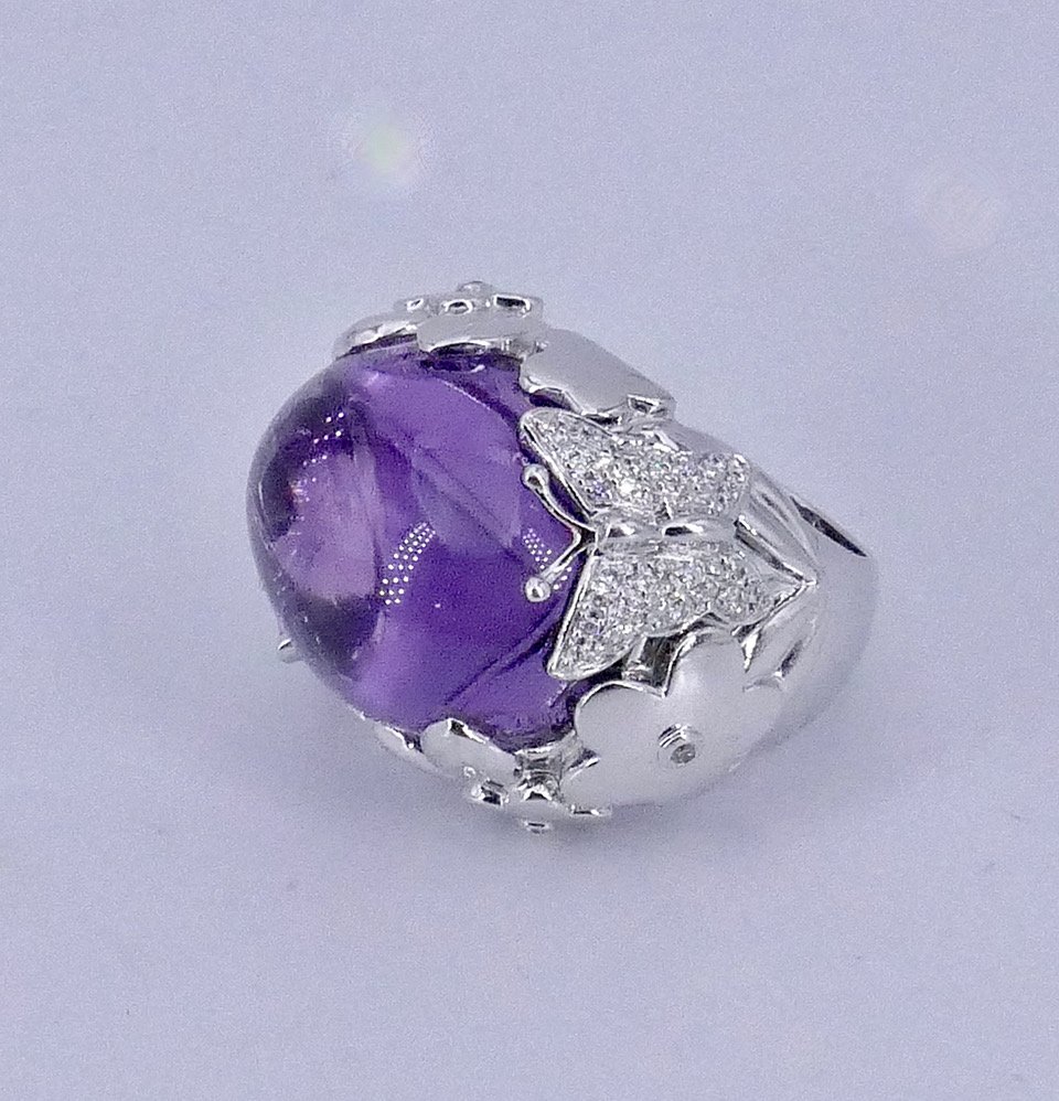 Bague cocktail amethyste cabochon or blanc -photo-3
